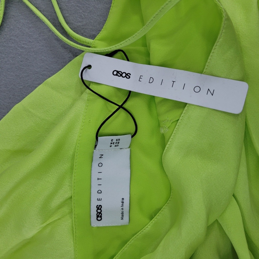 ASOS EDITION Wrap Midi Dress Floral Embroidered Lime Green Satin Draped 4 NWT - Picture 11 of 14